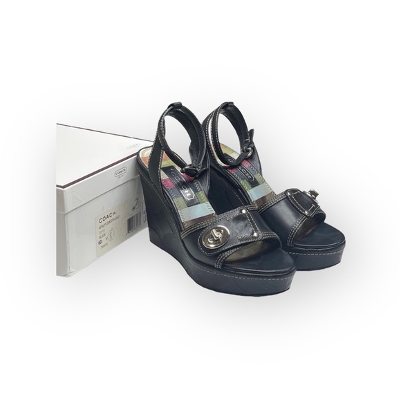 Coach ♕ Kerilyn Logo Embossed Turnlock Platform Wedge Sandals ♕ Black Leather 8M - Picture 15 of 16